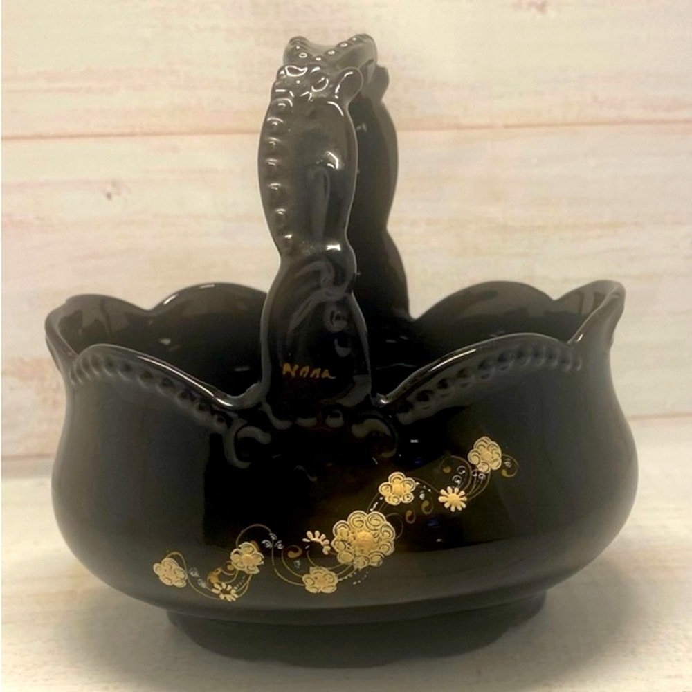 Vintage whimsy goth black ceramic basket with hand painted flowers.
